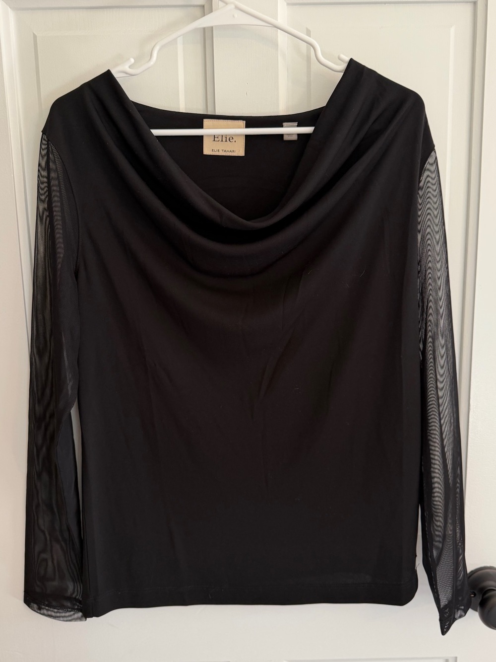 Elie Tahari Black Mesh Sleeve Cowl Neck Blouse Top Medium